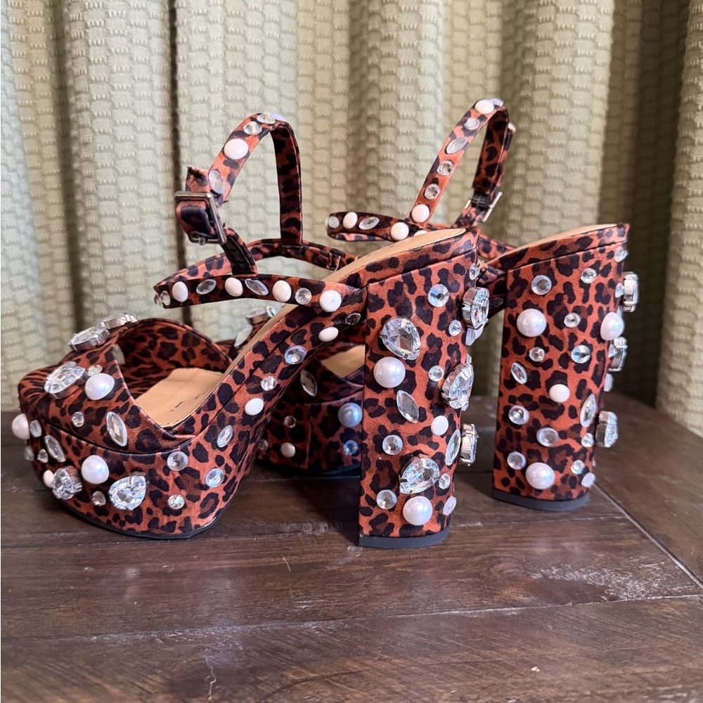 Gianni Bini Leopard Print Embellished Platform Heel Sandals - Brown - Picture 2 of 5